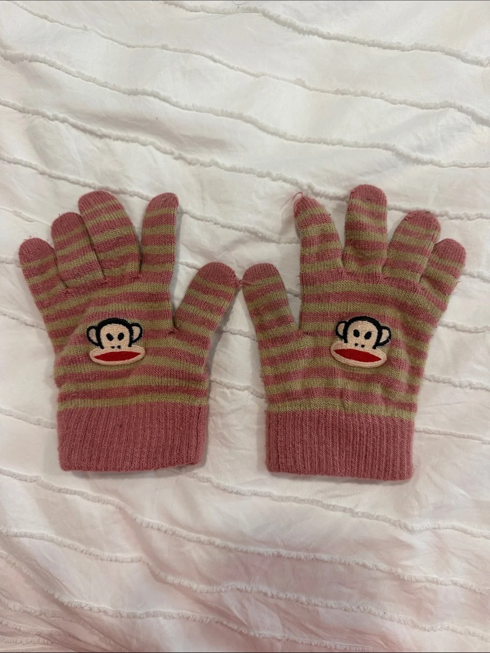 Paul Frank Pink and Beige Striped Monkey Knit Gloves